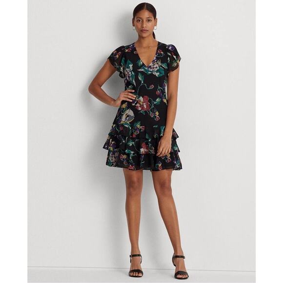 RALPH LAUREN V-neck Ruffled Hem Floral Georgette Drop Waist Layered Dres Sz‎ 4 - Picture 2 of 9